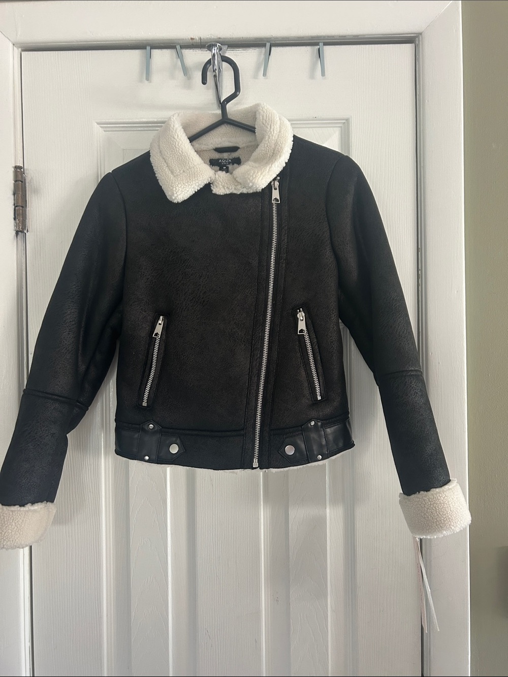 AQUA BLACK FAUX SHEARLING AVIATOR JACKET SIZE M NWT